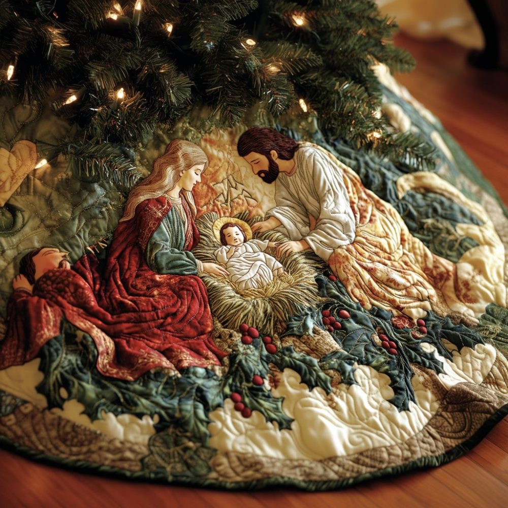 Peaceful Nativity Handcrafted Christmas Tree Skirt - Quiet Nativity Scene Holiday Tree Skirt, Religious Seasonal Decor, Personalized Options