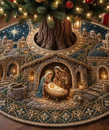 Peaceful Nativity Village Christmas Tree Skirt - Handcrafted Village Nativity Tree Base, Custom Holiday Keepsake
