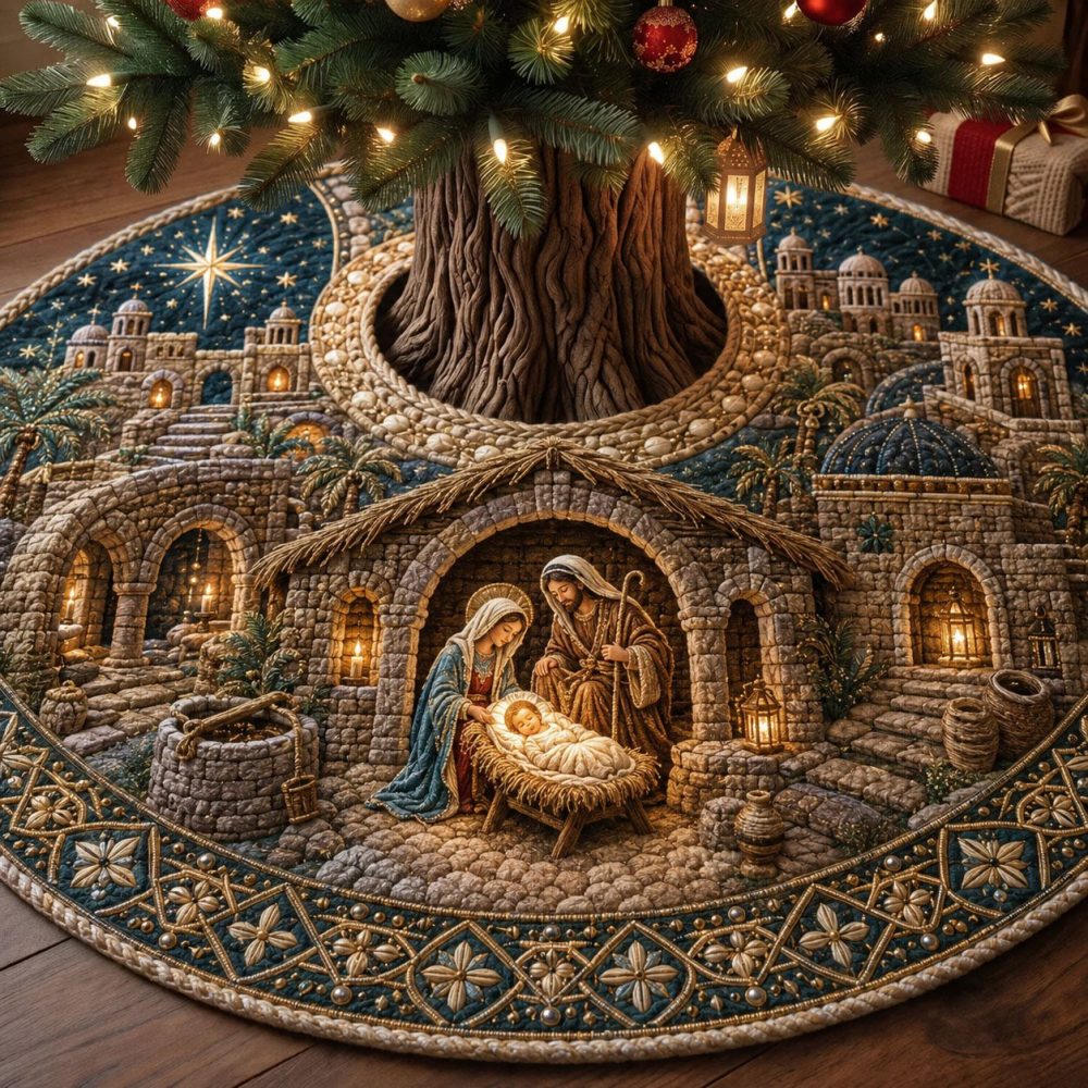 Peaceful Nativity Village Christmas Tree Skirt - Handcrafted Village Nativity Tree Base, Custom Holiday Keepsake
