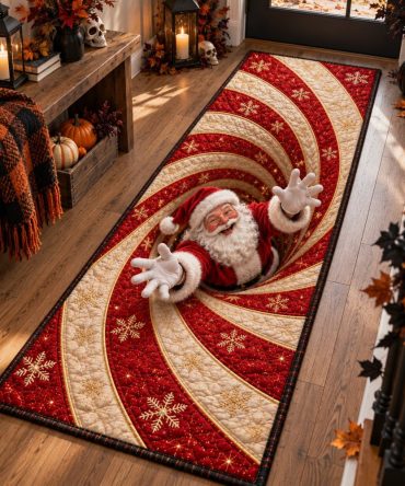 Peppermint Santa Runner Rug — Festive Candy Cane Holiday Carpet With Santa Motif, Soft Pile & Non-Skid Backing For Halls
