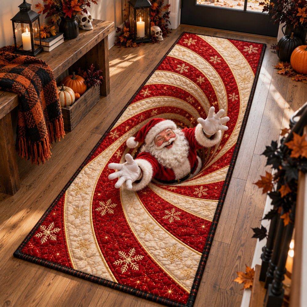 Peppermint Santa Runner Rug — Festive Candy Cane Holiday Carpet With Santa Motif, Soft Pile & Non-Skid Backing For Halls