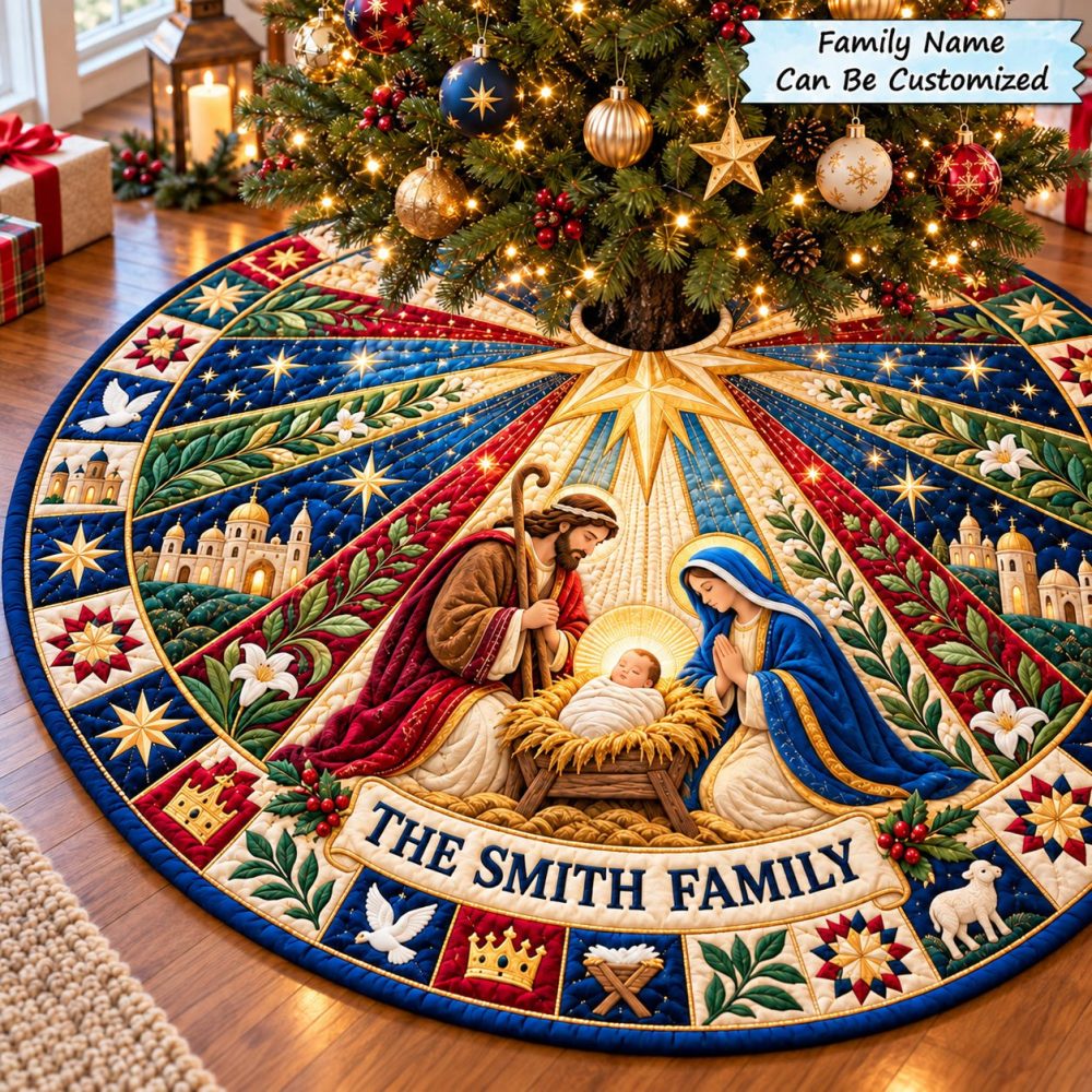 Custom Handcrafted Nativity Christmas Tree Skirt - Made-To-Order Bethlehem Scene, Premium Fabric & Personalized Sizes