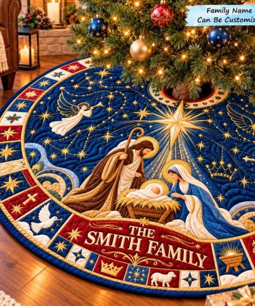 Heavenly Grace Nativity Velvet Tree Skirt — Elegant Celestial Nativity Skirt, Velvet Finish, Custom Fit For Holiday Display