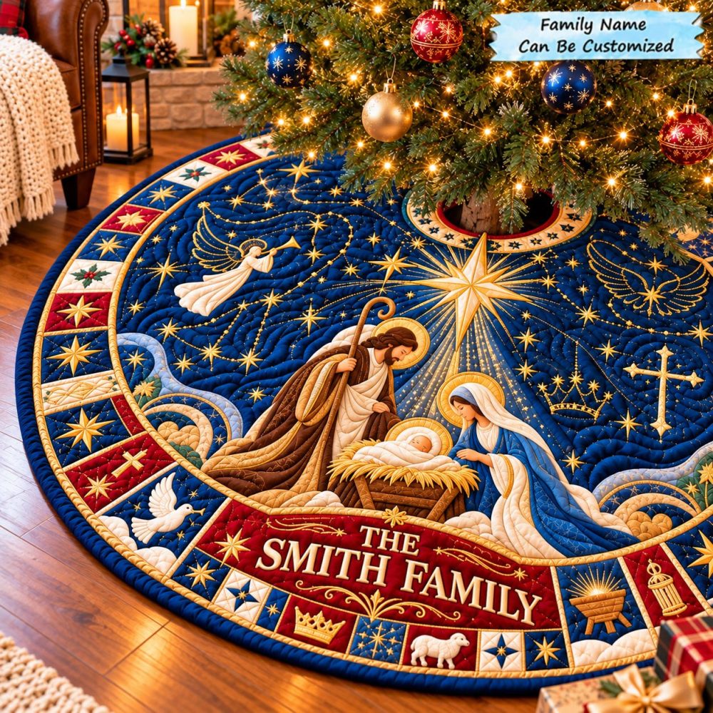 Heavenly Grace Nativity Velvet Tree Skirt — Elegant Celestial Nativity Skirt, Velvet Finish, Custom Fit For Holiday Display