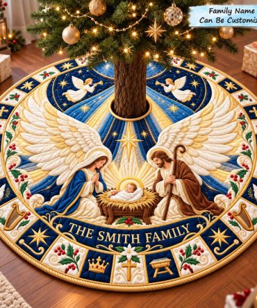 Holy Blessing Nativity Tree Skirt — Serene Religious Christmas Skirt With Blessing Motif, Soft Fabric & Custom Sizes
