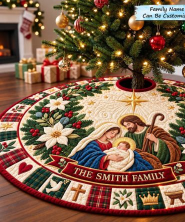 Manger Story Luxury Nativity Tree Skirt — Illustrated Nativity Manger Scene, Premium Materials, Custom Sizing Available