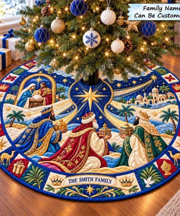 Sacred Star Nativity Velvet Tree Skirt — Heavenly Star Of Nativity Holiday Skirt, Luxe Velvet, Made-To-Order Sizes