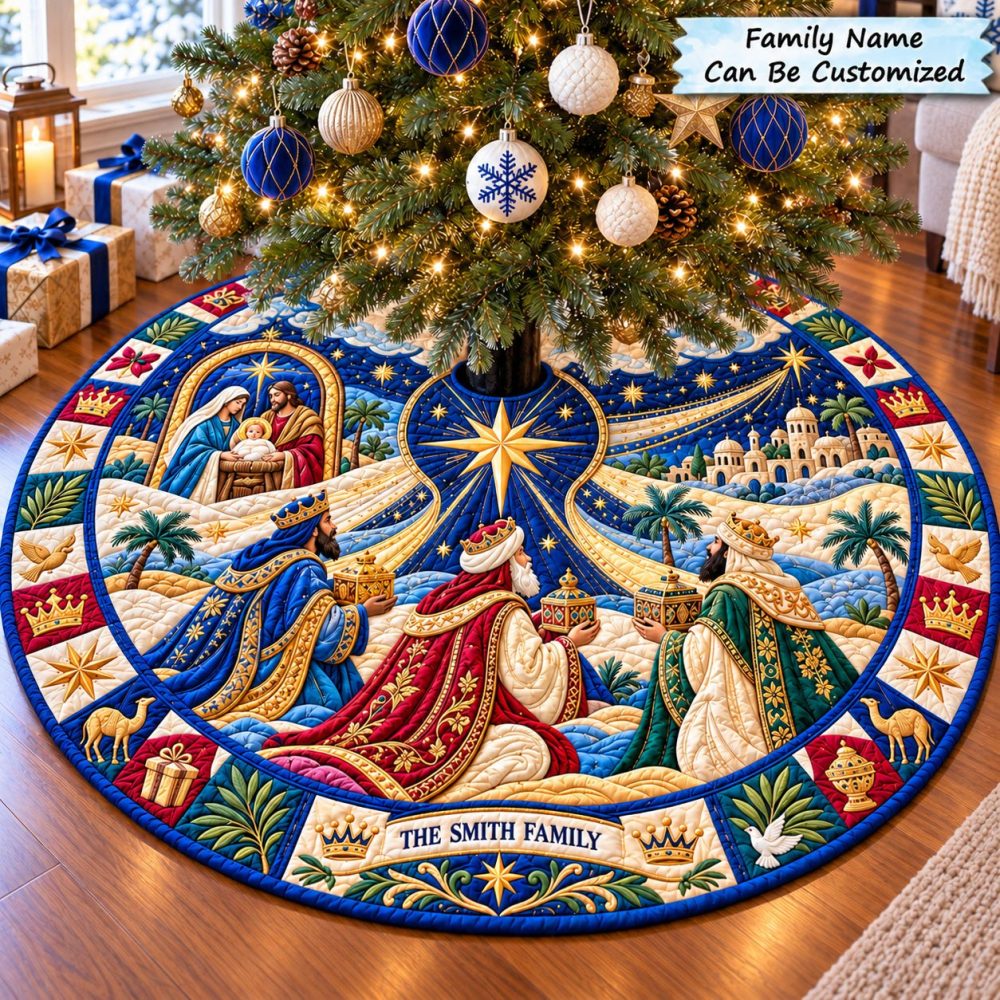 Sacred Star Nativity Velvet Tree Skirt — Heavenly Star Of Nativity Holiday Skirt, Luxe Velvet, Made-To-Order Sizes