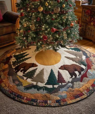 Pine Bear Tracks Custom Christmas Tree Skirt - Rustic Bear Paw & Pine Design For Cabin Holiday Decor, Durable Fabric, Personalize With Name