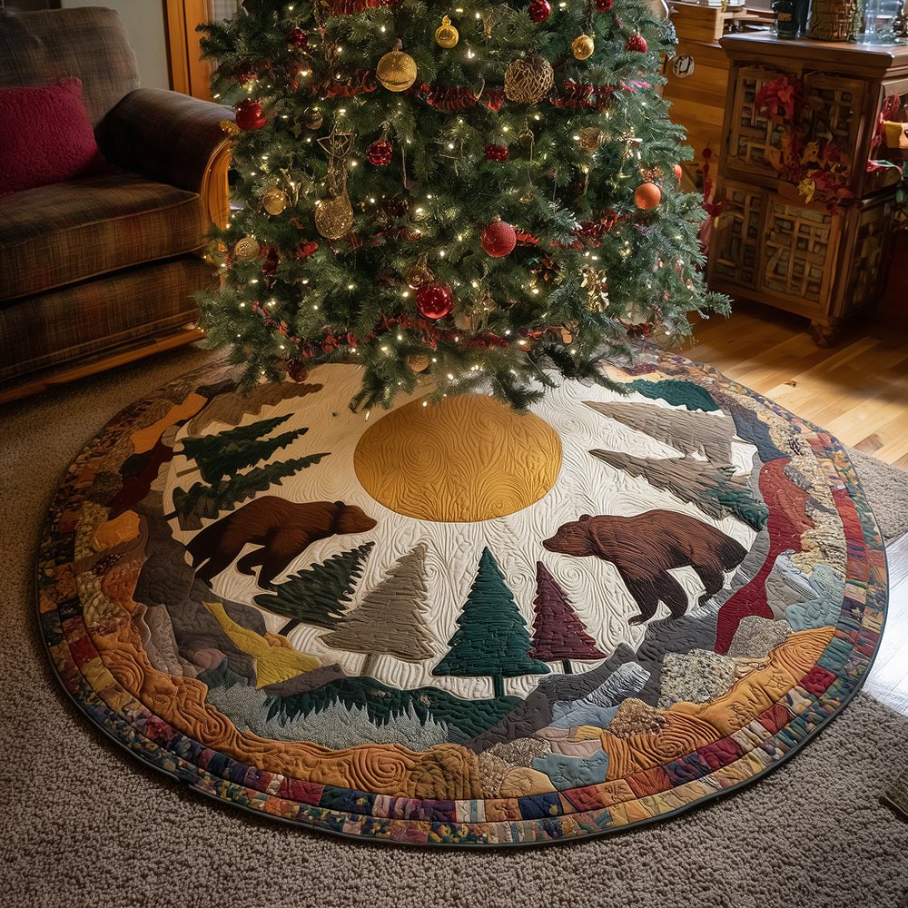 Pine Bear Tracks Custom Christmas Tree Skirt - Rustic Bear Paw & Pine Design For Cabin Holiday Decor, Durable Fabric, Personalize With Name
