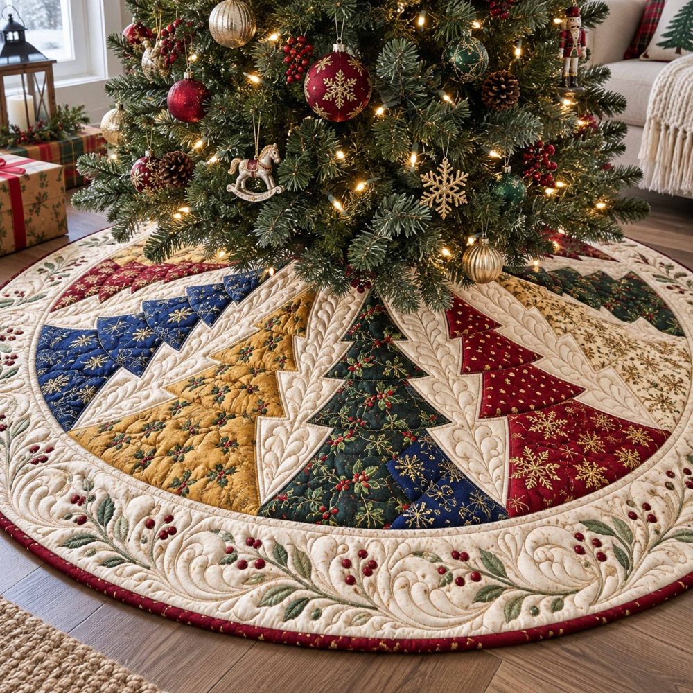 Pine Wishes Festive Tree Skirt — Custom Made-To-Order Holiday Base Cover With Pine Motifs & Soft Plush Backing