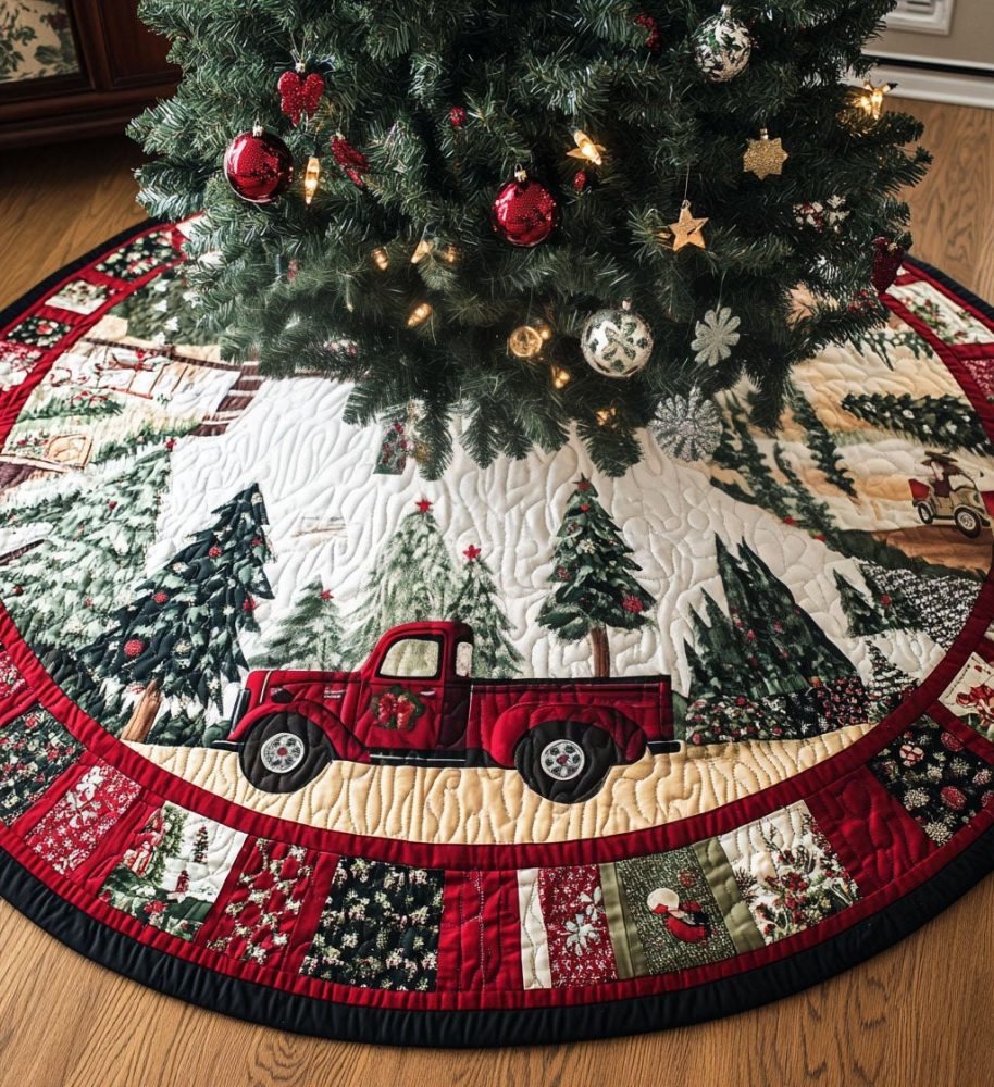 Pinecone Pathway Custom Christmas Tree Skirt - Rustic Pinecone Pattern Holiday Tree Skirt, Heavy-Duty Canvas, Personalized & Machine Washable