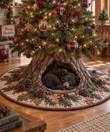 Pinewood Bear Holiday Hideaway Tree Skirt — Made-To-Order Cozy Woodland Christmas Tree Base Cover With Personalization