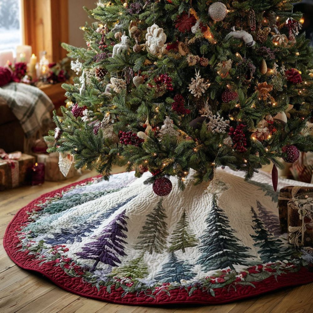 Enchanting Pinewood Magic Christmas Tree Skirt - Handcrafted Forest-Inspired Holiday Tree Skirt, Soft Felt, Personalized Embroidery