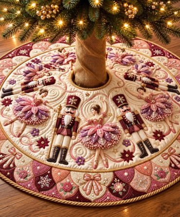 Pink Nutcracker Charming Christmas Tree Skirt — Feminine Nutcracker Holiday Skirt, Soft Quilted Fabric, Custom Fit