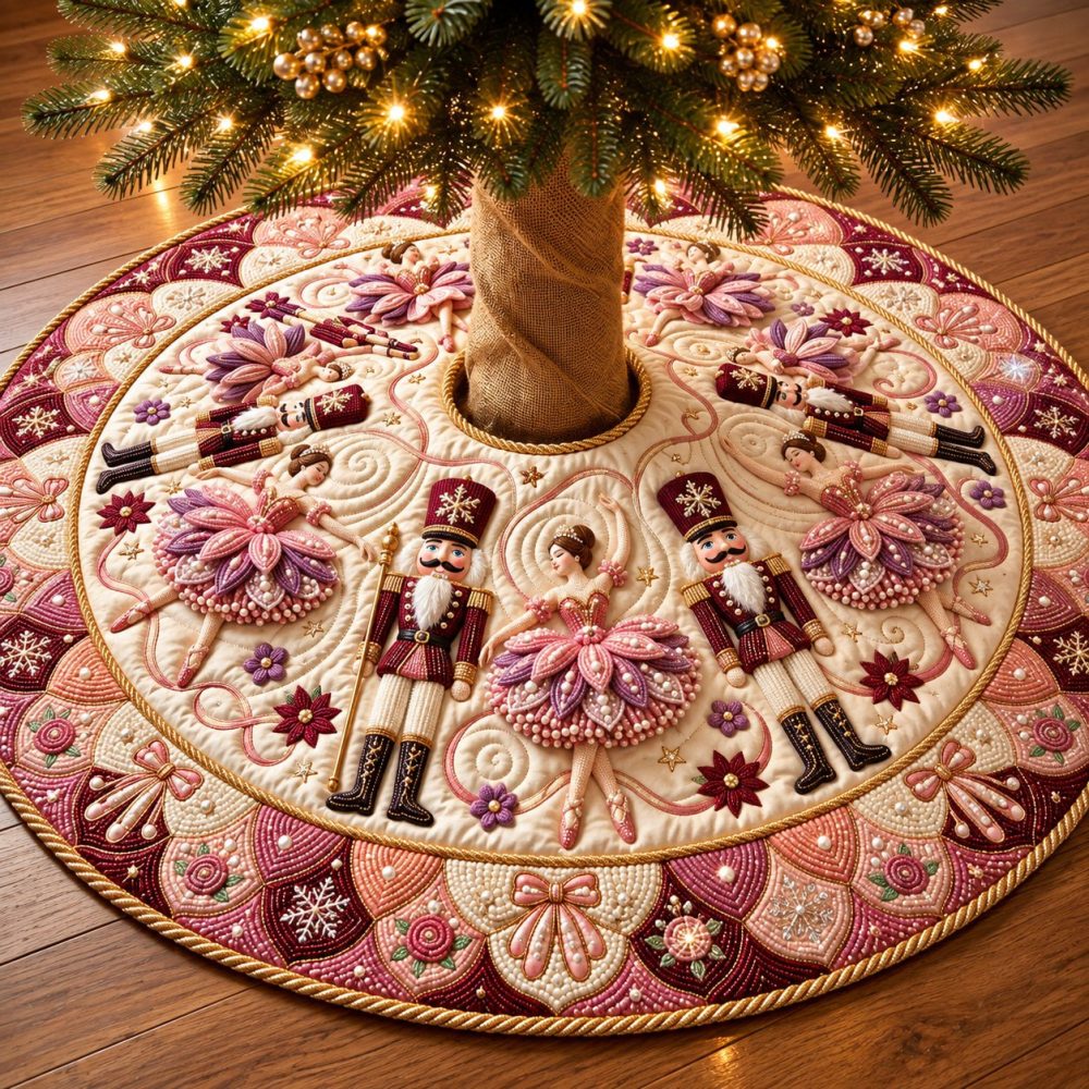 Pink Nutcracker Charming Christmas Tree Skirt — Feminine Nutcracker Holiday Skirt, Soft Quilted Fabric, Custom Fit