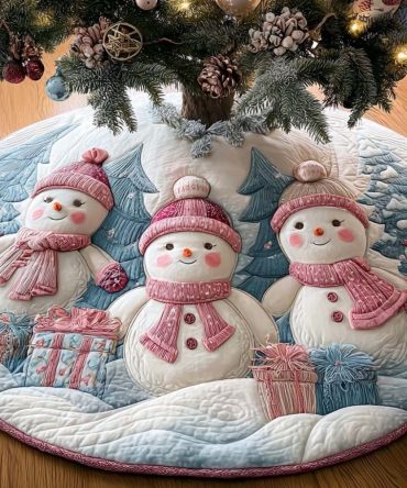 Soft Pink Snow Trio Tree Skirt — Custom Handmade Christmas Tree Skirt For Feminine Holiday Décor And Gift-Ready Styling