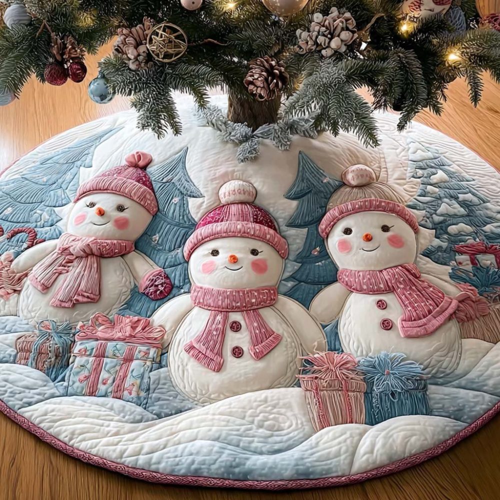 Soft Pink Snow Trio Tree Skirt — Custom Handmade Christmas Tree Skirt For Feminine Holiday Décor And Gift-Ready Styling