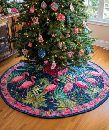 Custom Handmade Pink Tropics Christmas Tree Skirt - Tropical Holiday Tree Skirt For Modern Homes, Soft Fabric, Personalized Gift Ready