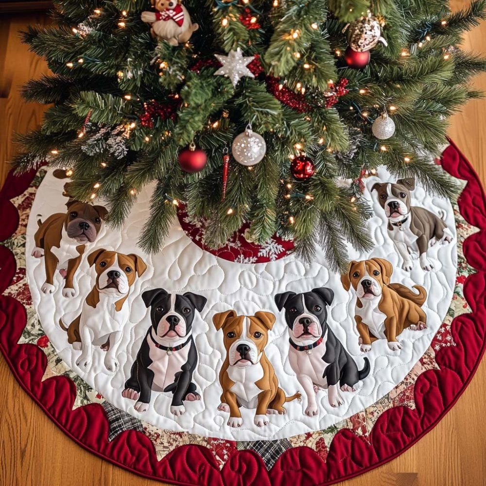 Pitbull Holiday Cheer Custom Tree Skirt — Festive Pit Bull Christmas Skirt With Cheerful Design, Handcrafted & Made To Order For Dog Fans