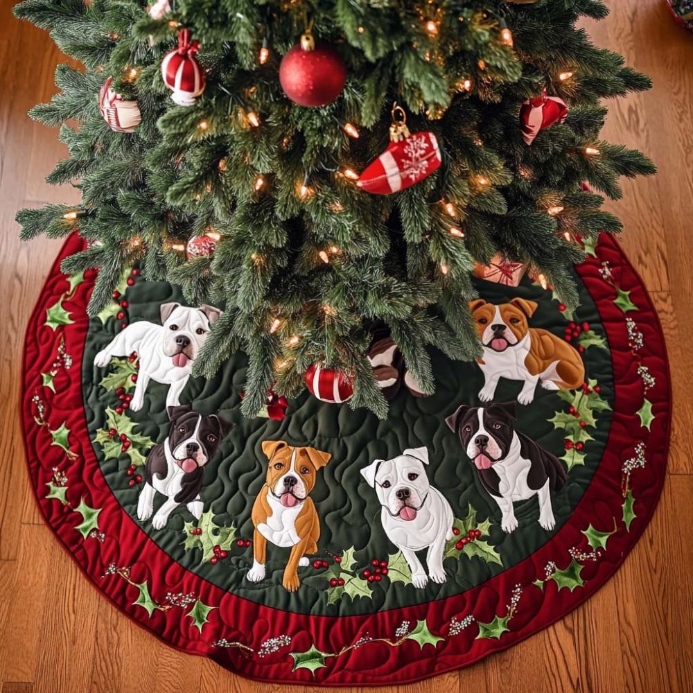 Pitbull Holly Jolly Custom Tree Skirt — Cheerful Pit Bull Christmas Skirt With Holly Motifs, Handcrafted & Made To Order For Dog Owners
