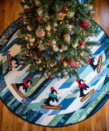 Plaid Penguin Holiday Tree Skirt - Custom Handmade Christmas Tree Skirt With Playful Penguin Design And Cozy Plaid Accents