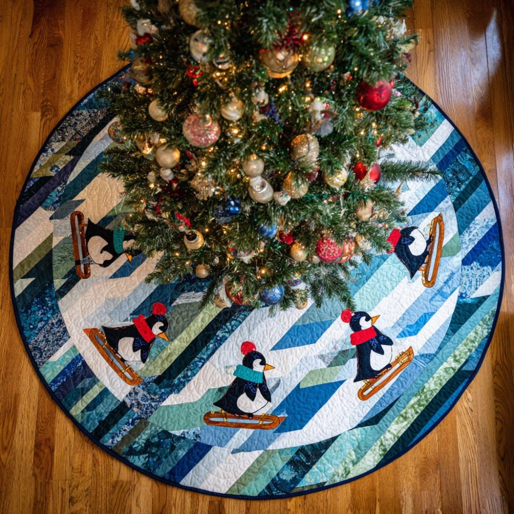 Plaid Penguin Holiday Tree Skirt - Custom Handmade Christmas Tree Skirt With Playful Penguin Design And Cozy Plaid Accents