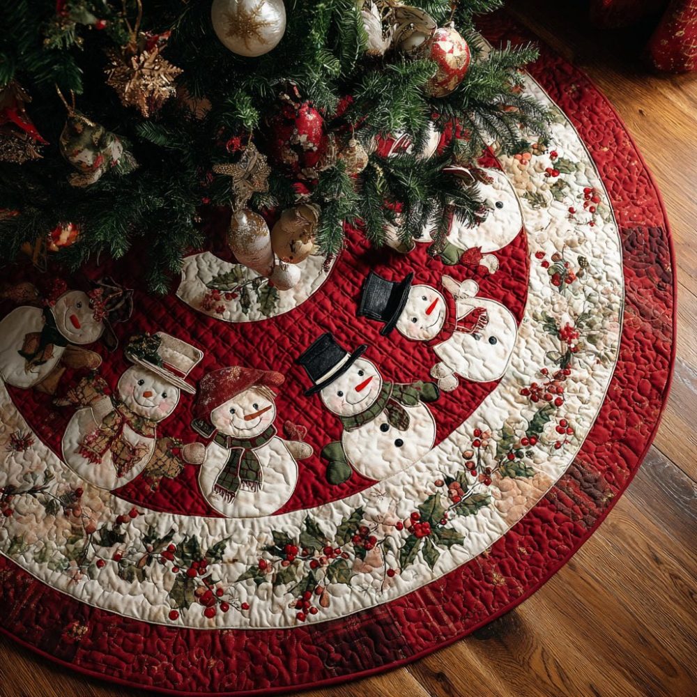 Plaid Snowman Holiday Tree Skirt - Custom Handmade Christmas Tree Skirt With Cute Snowman & Plaid Pattern For Family-Friendly Decor