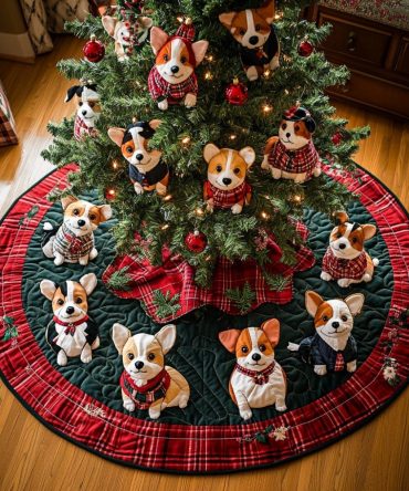 Playful Plaid Corgi Christmas Tree Skirt — Festive Corgi & Plaid Design, Custom Sizing, Plush Holiday Skirt, Handcrafted To Order