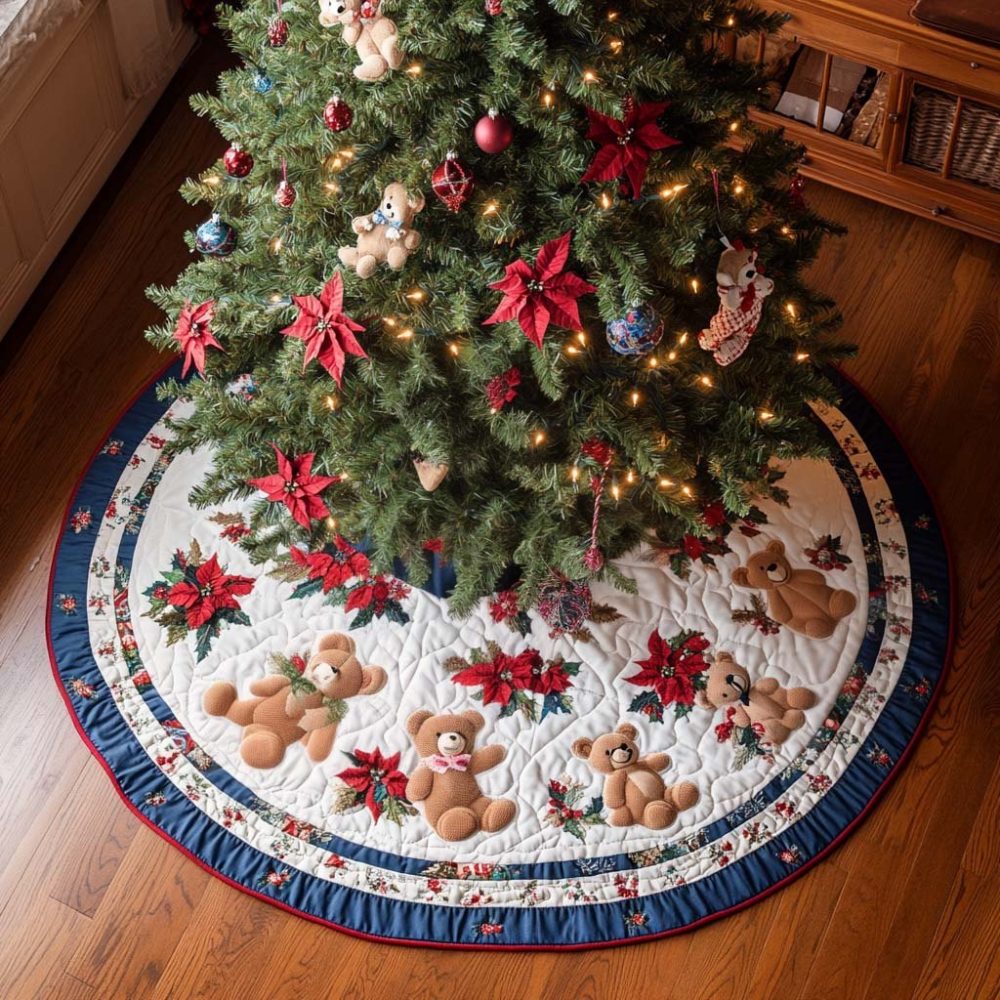 Poinsettia Bear Cozy Holiday Tree Skirt - Custom Handmade Christmas Tree Skirt With Cute Bear Motif For Warm Seasonal Decor
