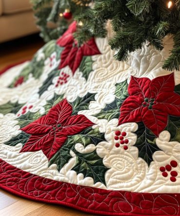 Poinsettia Bliss Holiday Tree Skirt - Custom Handmade Christmas Tree Skirt With Rich Red Florals For Elegant Seasonal Style