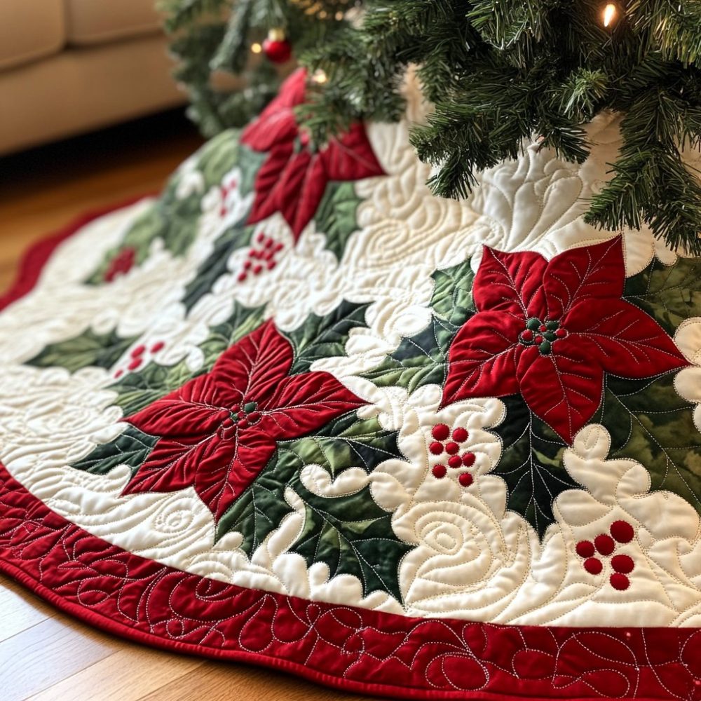 Poinsettia Bliss Holiday Tree Skirt - Custom Handmade Christmas Tree Skirt With Rich Red Florals For Elegant Seasonal Style