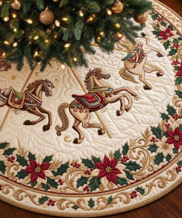 Poinsettia Carousel Christmas Tree Skirt - Handcrafted Festive Velvet Skirt With Poinsettia Motif & Carousel Accents, Available In Sizes