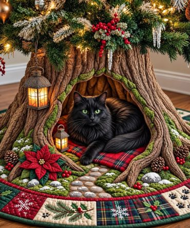 Poinsettia Cat Den Holiday Tree Skirt - Elegant Floral Christmas Mat, Soft Quilted Backing, Custom Sizes & Pet-Safe Materials