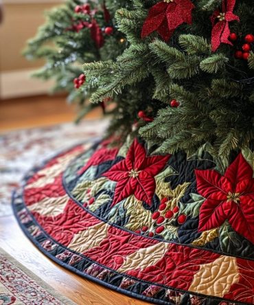 Poinsettia Charm Holiday Tree Skirt - Custom Handmade Christmas Tree Skirt With Classic Floral Accents For Festive Interiors