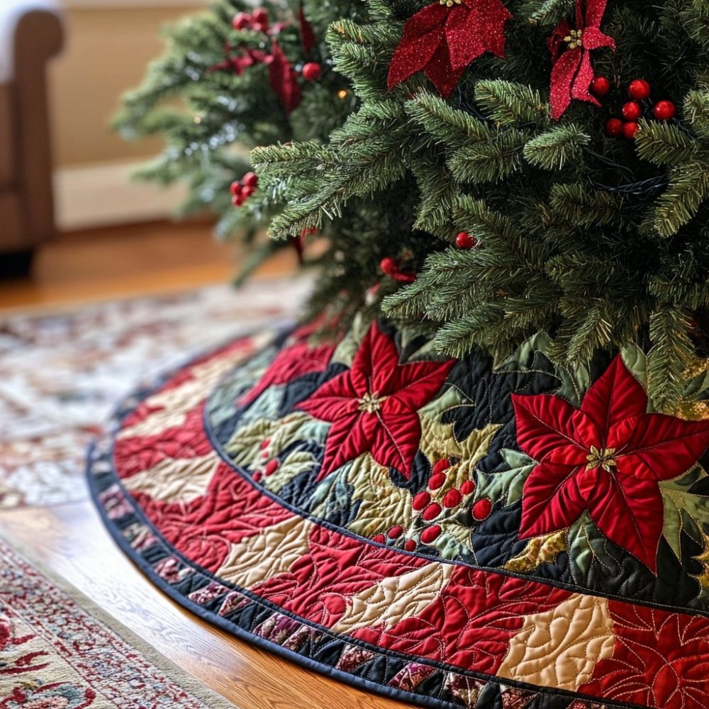 Poinsettia Charm Holiday Tree Skirt - Custom Handmade Christmas Tree Skirt With Classic Floral Accents For Festive Interiors