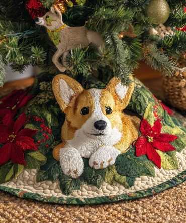 Corgi Cove Poinsettia Tree Skirt - Custom Handmade Christmas Tree Skirt For Corgi Owners, Festive Pet Lover Holiday Decor