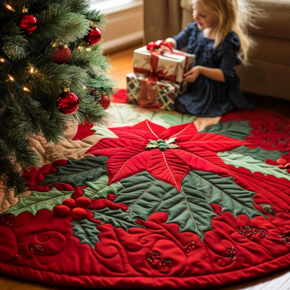 Elegant Poinsettia Holiday Tree Skirt - Custom Handmade Christmas Tree Skirt For Festive Home Decor, Multiple Sizes, Gift Ready