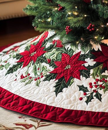 Poinsettia Elegance Holiday Tree Skirt — Luxury Handmade Christmas Skirt, Custom Size Options & Personalized Festive Touch