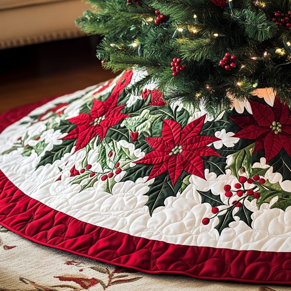 Poinsettia Elegance Holiday Tree Skirt — Luxury Handmade Christmas Skirt, Custom Size Options & Personalized Festive Touch