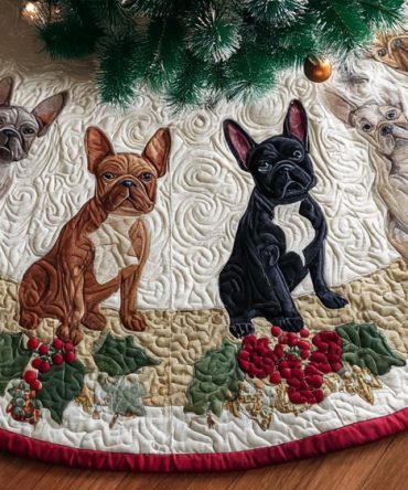 French Bulldog Paws Poinsettia Holiday Tree Skirt - Custom Handmade Christmas Tree Skirt For Dog Lovers, Festive Home Decor