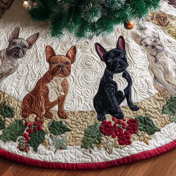 French Bulldog Paws Poinsettia Holiday Tree Skirt - Custom Handmade Christmas Tree Skirt For Dog Lovers, Festive Home Decor
