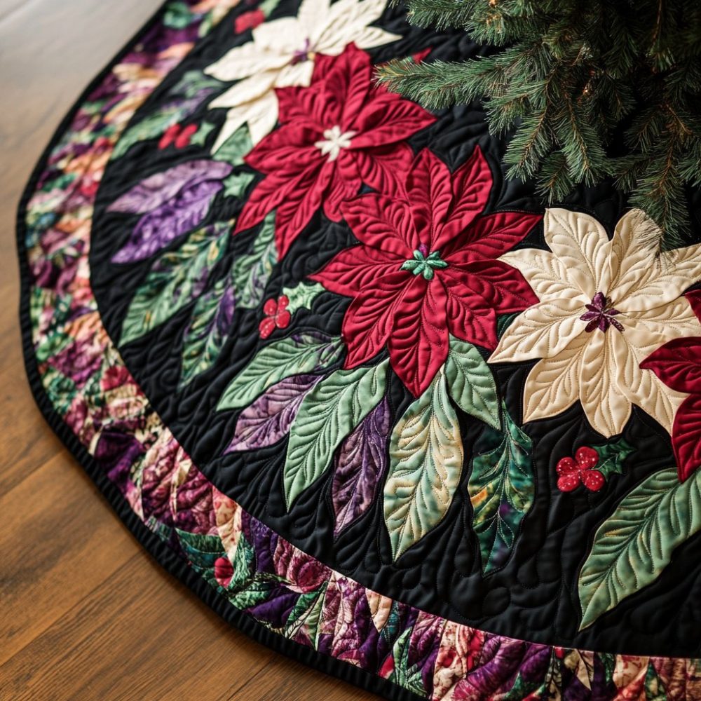 Classic Poinsettia Christmas Tree Skirt — Custom Handmade Holiday Base With Elegant Poinsettia Design, Personalized & Durable