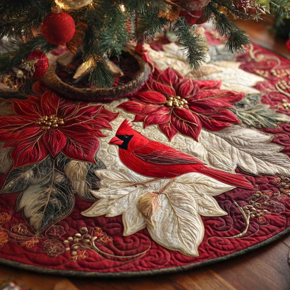 Handcrafted Poinsettia Holiday Tree Skirt — Luxury Custom Christmas Tree Skirt For Festive Home Décor
