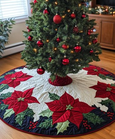 Poinsettia Parade Tree Skirt — Custom Handcrafted Floral Christmas Skirt With Bold Red Blooms, Personalized Holiday Home Accent