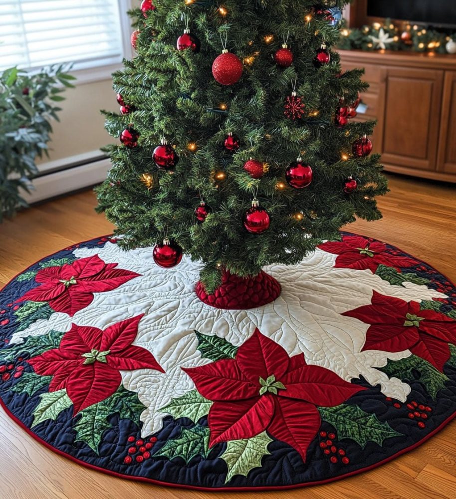 Poinsettia Parade Tree Skirt — Custom Handcrafted Floral Christmas Skirt With Bold Red Blooms, Personalized Holiday Home Accent
