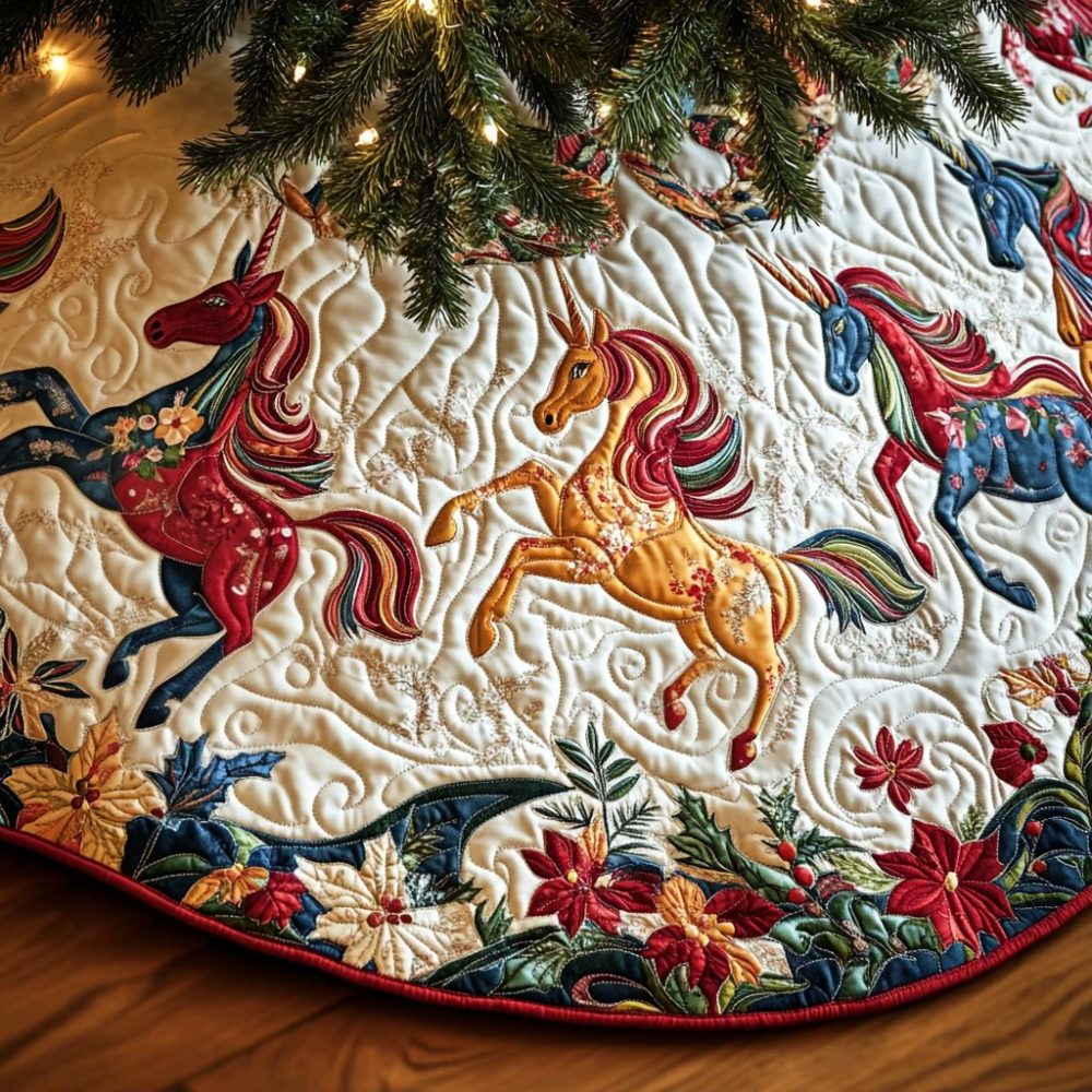 Poinsettia Prance Christmas Tree Skirt — Handcrafted Poinsettia Holiday Skirt With Custom Size & Personalization Options