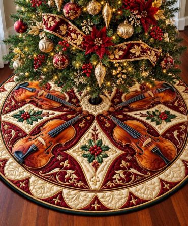 Poinsettia Violin Noel Holiday Tree Skirt — Elegant Floral & Musical Christmas Skirt, Quilted Backing, Custom Sizes