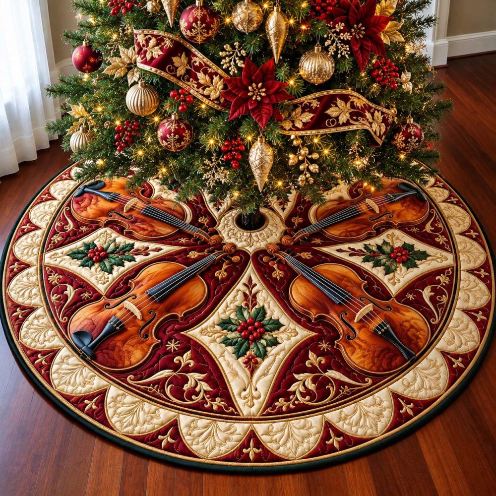 Poinsettia Violin Noel Holiday Tree Skirt — Elegant Floral & Musical Christmas Skirt, Quilted Backing, Custom Sizes