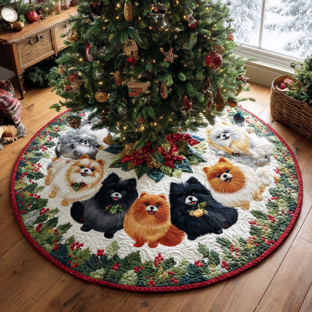 Candlelight Glow Pom Tree Skirt — Custom Pomeranian Christmas Skirt, Handcrafted Warm Holiday Accent With Personalized Options